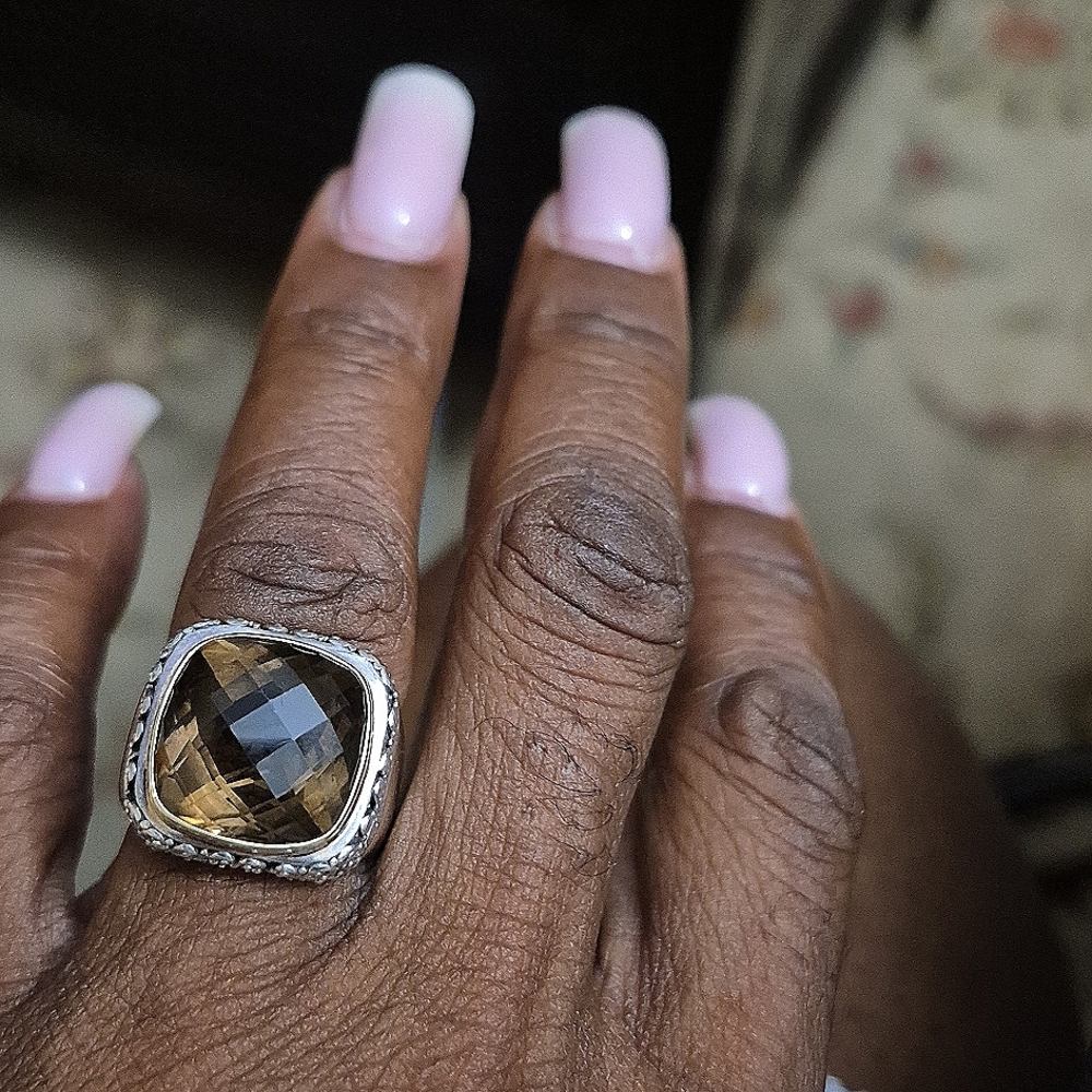 Sterling Silver And 14k Gold Smoked Topez Ring.